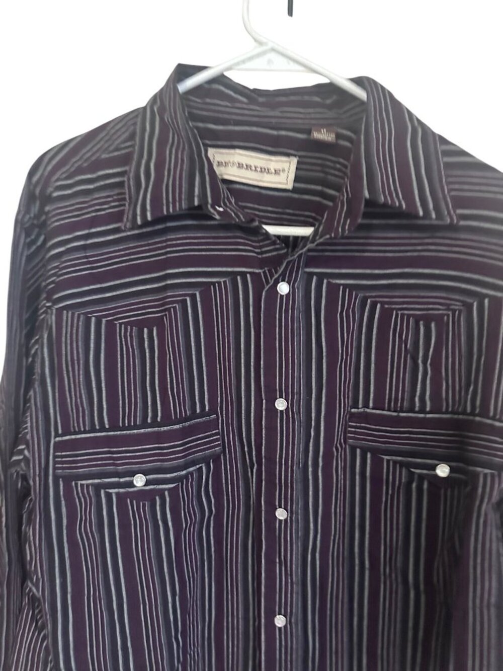 Bit & Bridle pearl snap burgundy and gray striped shirt size LT - Picture 2 of 7